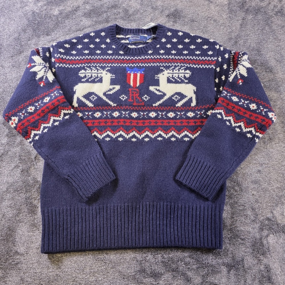 Polo Ralph Lauren Wool Reindeer Fair Isle Sweater Mens S Blue Patriotic Shield